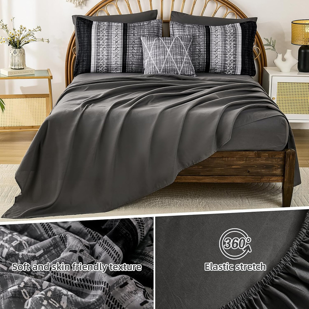 Black Comforter Set Queen Size, 8 Pieces Boho Striped Bed in a Bag Soft Microfib