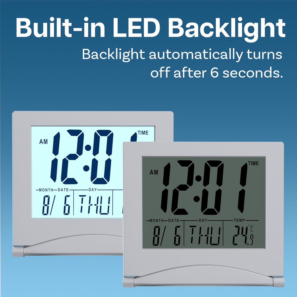 Digital Alarm Clock LCD Foldable Digital Desk Clock with Backlight - Grey