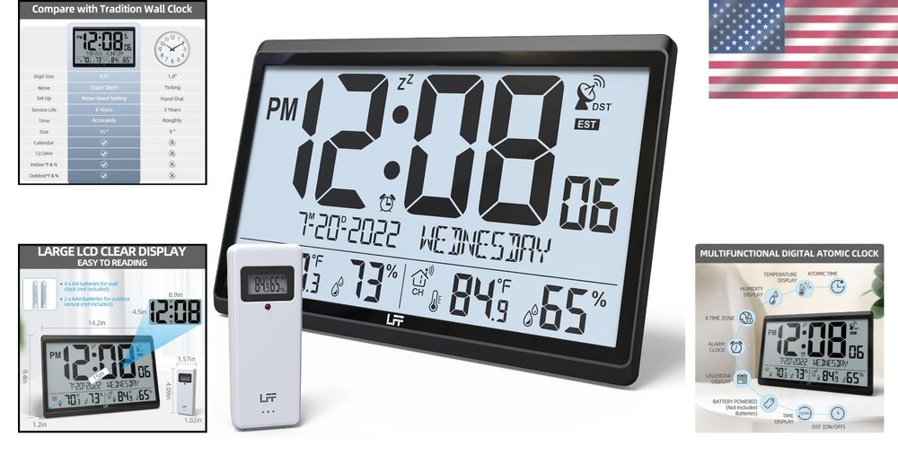 Atomic Wall Clock, 15" Large Display, Temp/Humidity, Wireless Sensor, Easy Read