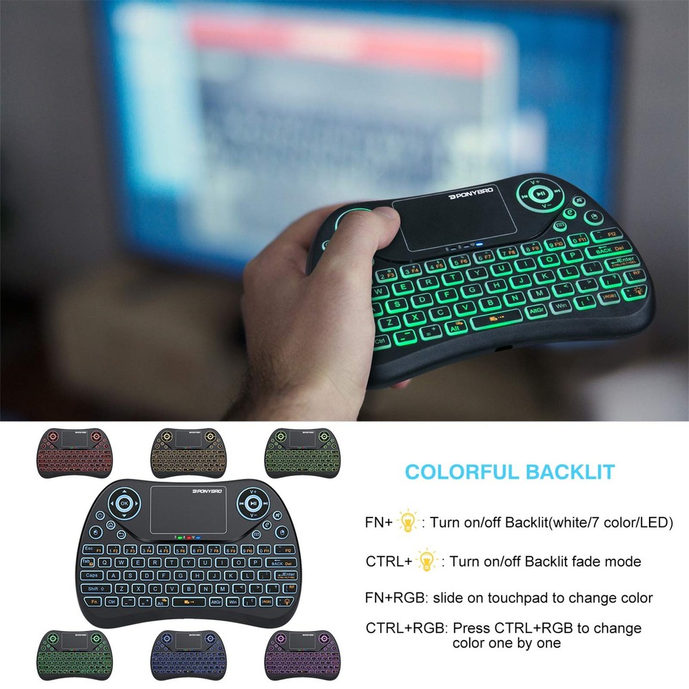 PONYBRO (Newest Version) Backlit Mini Wireless Keyboard with Touchpad Mouse