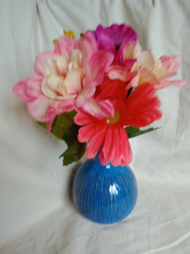 Vibrant, Unique Ceramic Bulb Vase, Blue with Grey Vertical Stripes. 