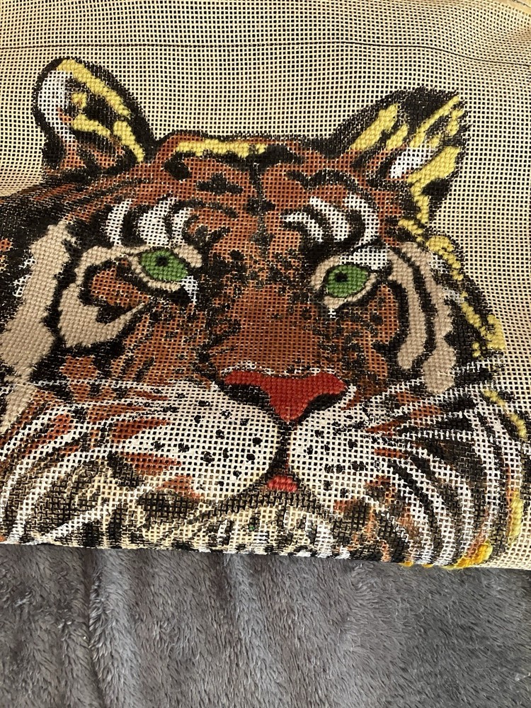 Vintage Tiger Needlepoint In 19" Wood Scroll Frame Tiger Head Work In Progress