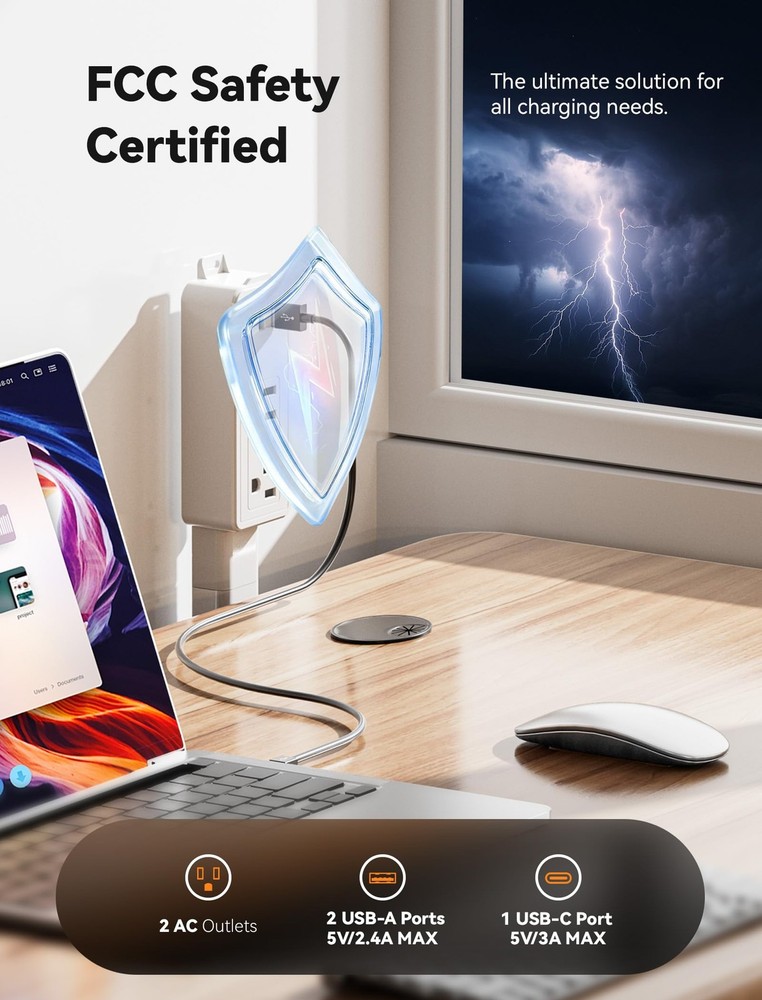 Electrical Outlet Extender Features USB-C, 2 USB-A, 2 AC Outlets, Access Hard...