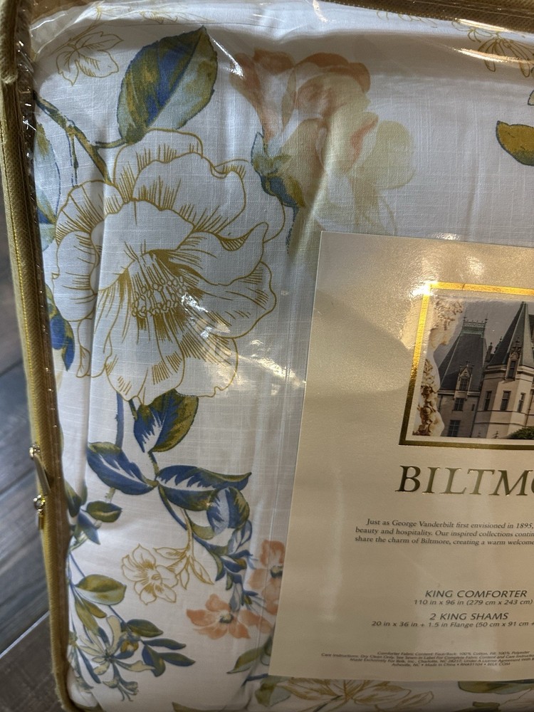 New Biltmore Abloom White Yellow Multi King Comforter & Shams Set 3pc