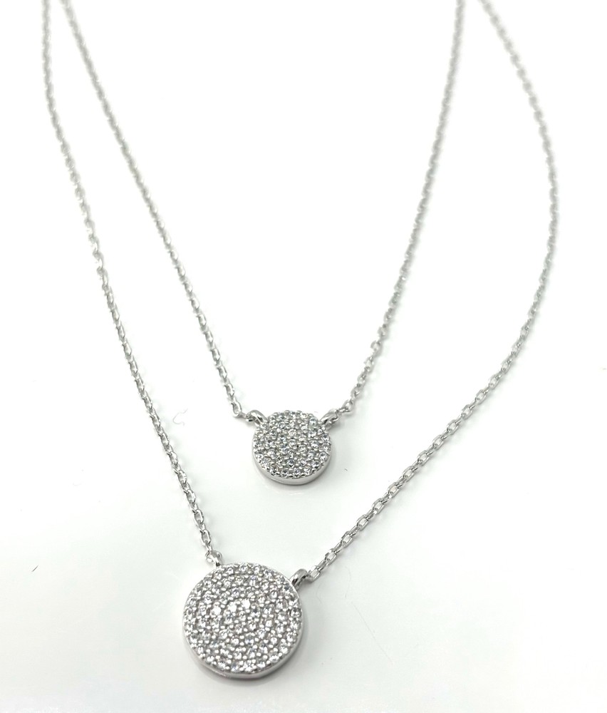 925 Silver Small Double Round CZ Disc Layered Necklace