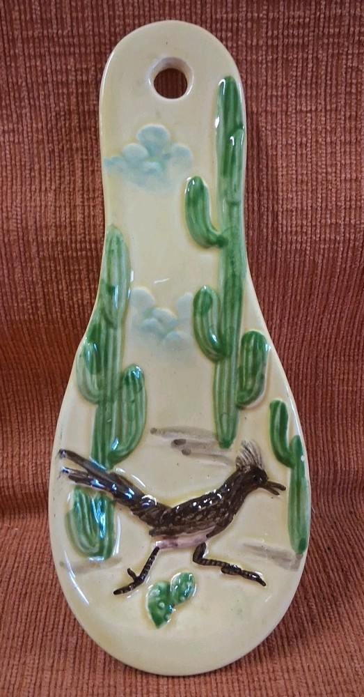 Cactus & Bird Design Ceramic Spoon Rest Yellow