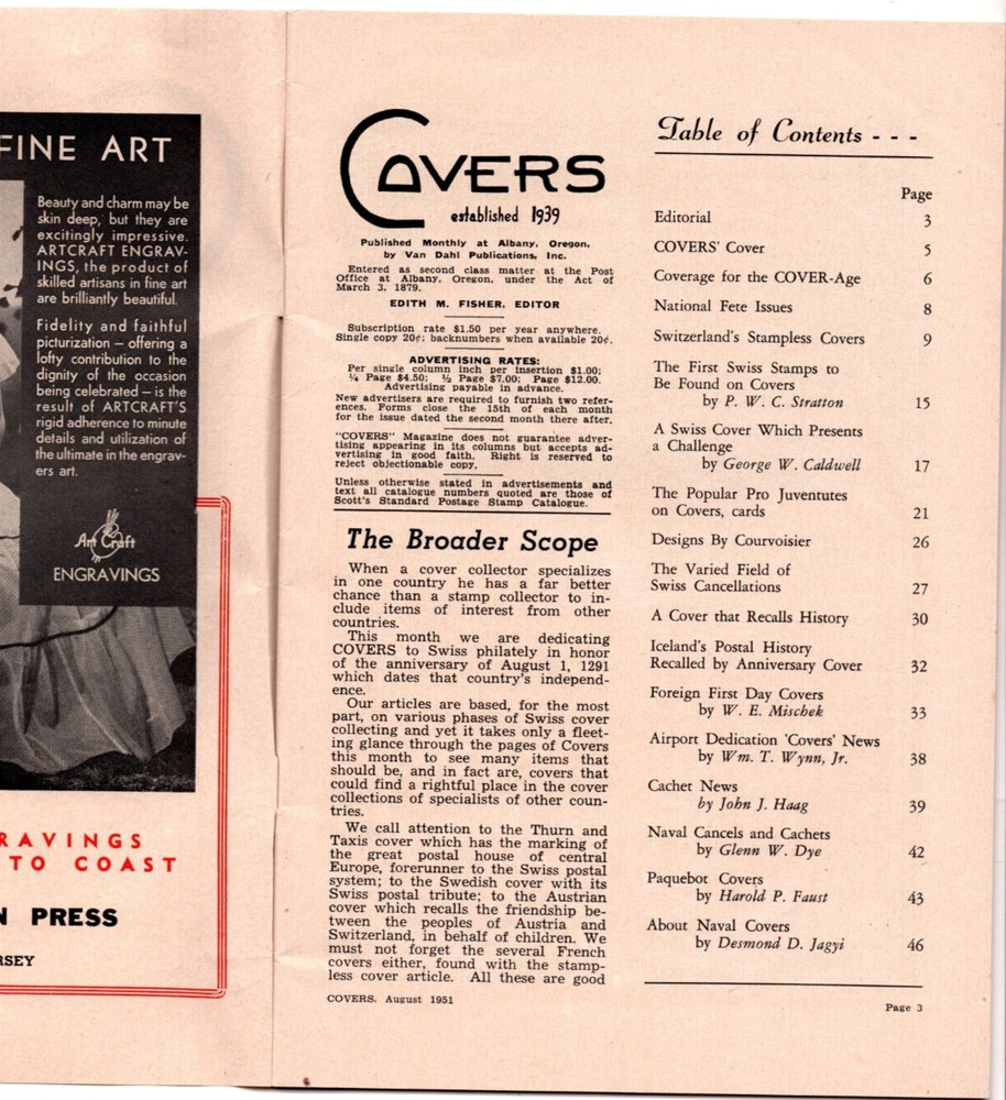 Washington Press Switzerland 'Covers' Magazine Mint Condition August 1951 Ed.