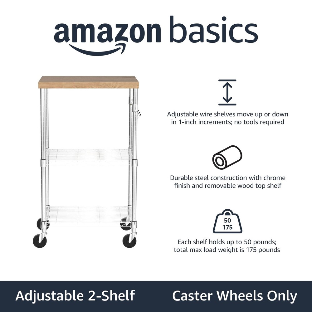 Amazon Basics Portable 3-Tier Kitchen Storage Rack w/Caster Wheels Adjustable