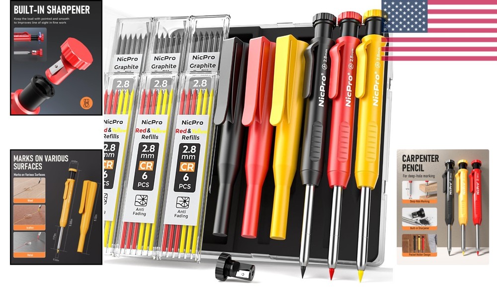 Complete Carpenter Pencil Set - 3 Mechanical Pencils with 39 Refills & Sharpener