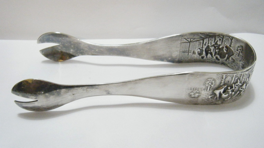 7" Large Vintage Hans Jensen Denmark Silver Plate Repousse Tavern Scene Tongs