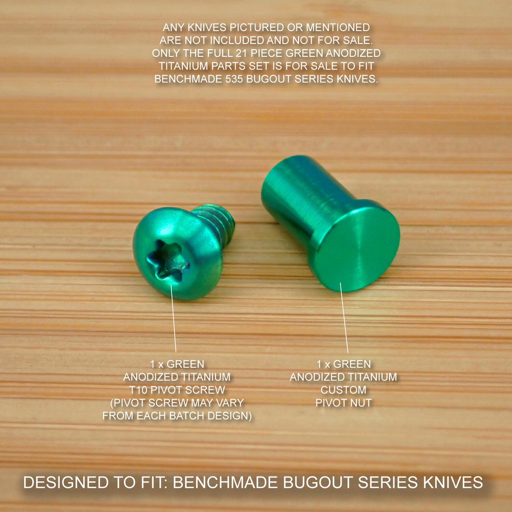 Benchmade 535 BUGOUT 21pc GREEN Titanium Screw Set, Pivot, Standoff, Pin, T Stud