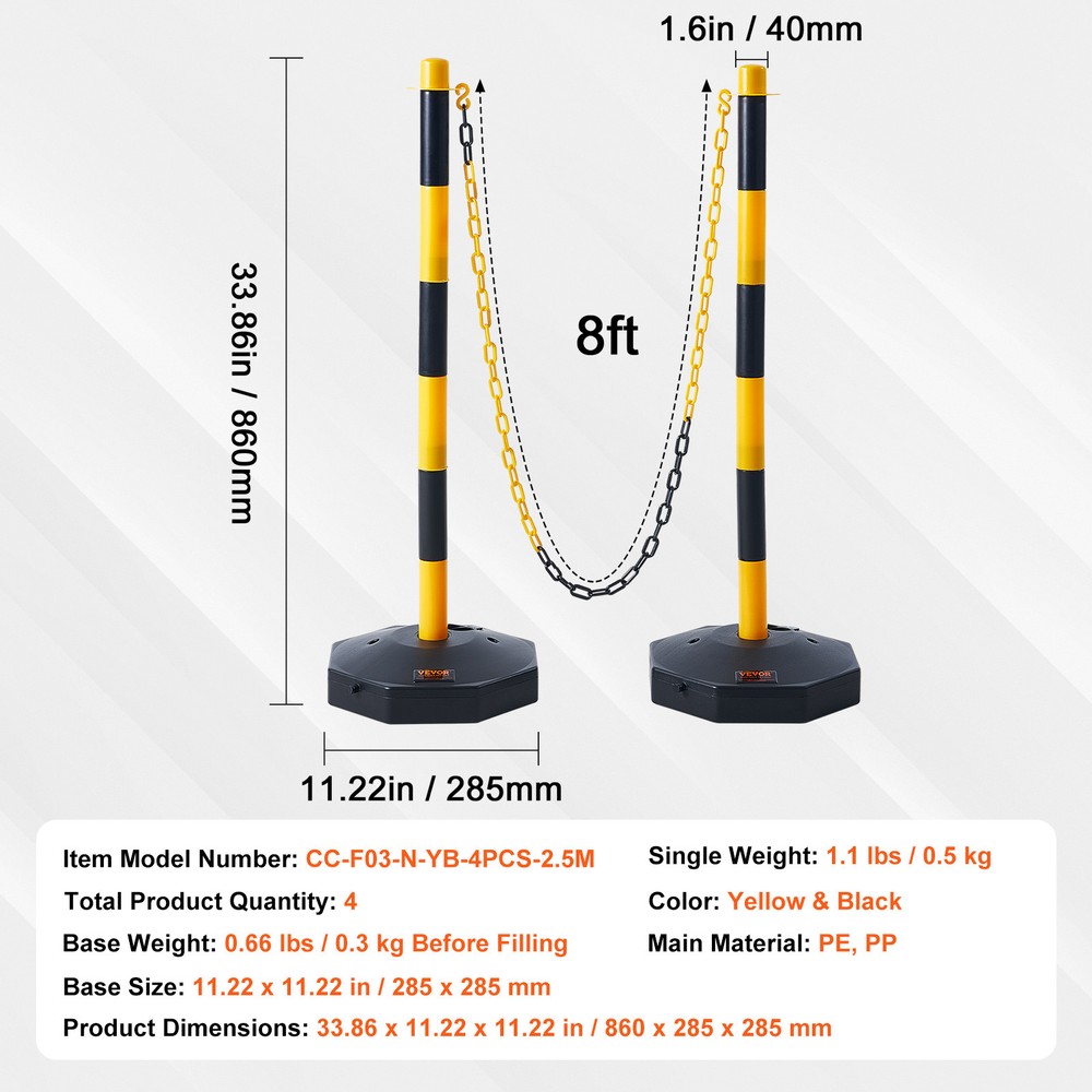 VEVOR 4PCs Traffic Delineator Post Cones with Fillable Base 8FT Chain Adjustable