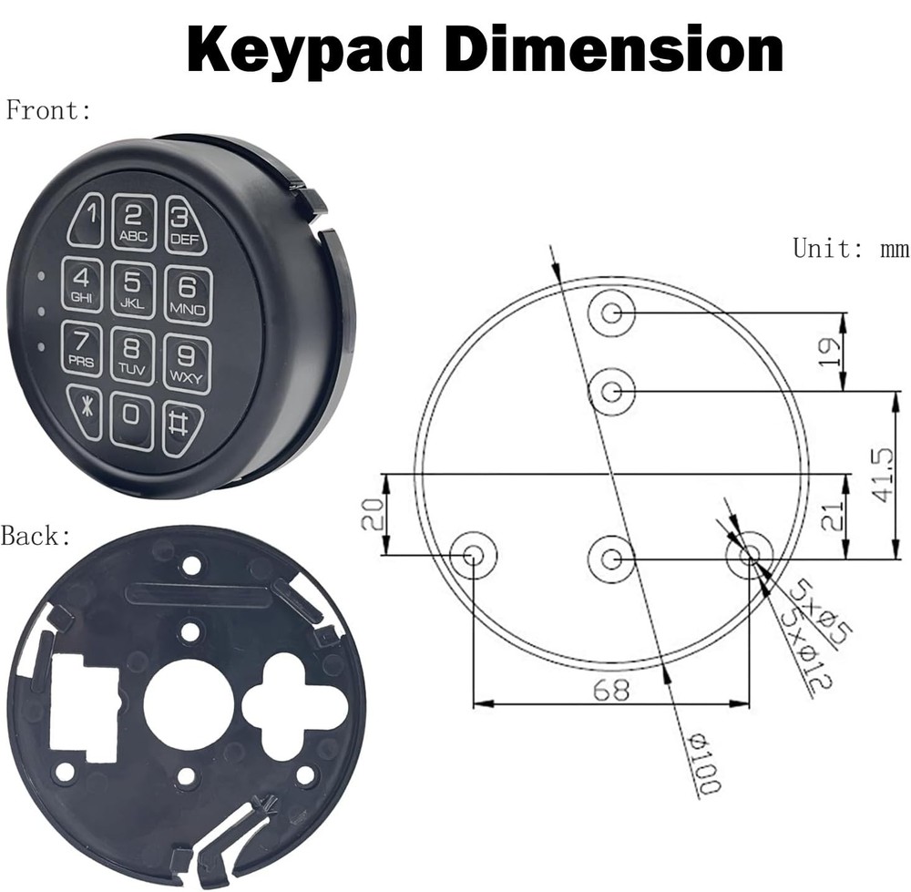 Electronic Safe Lock Replacement Keypad with Solenoid & 2 Override Black