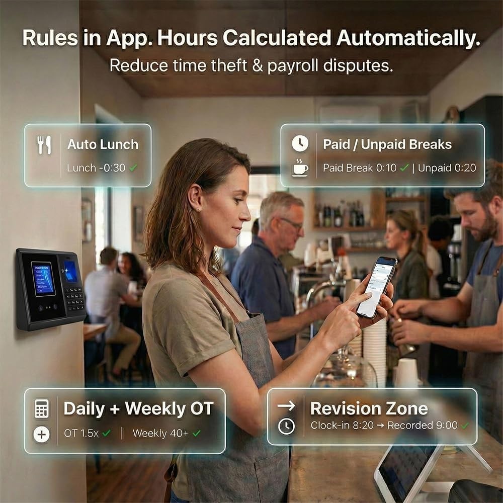 App-Based Time Clock, 5s Setup，Multi-Punch Daily, Auto Break, Lunch & Overtime R