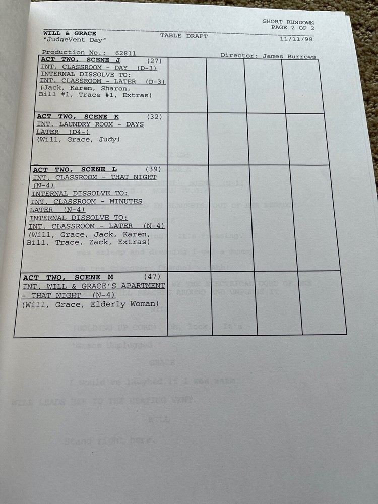 WILL & GRACE TV SERIES SHOW SCRIPT JUDGE VENT DAY TABLE DRAFT