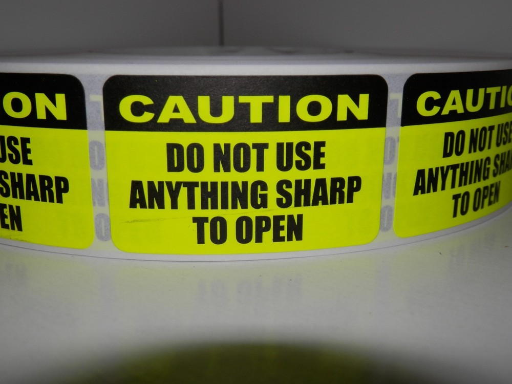 CAUTION DO NOT USE ANYTHING SHARP TO OPEN fluor chartreuse Sticker Label 250/rl