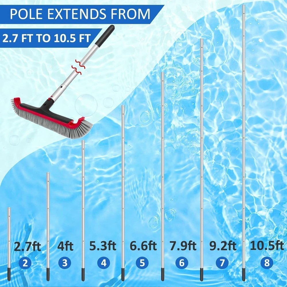 Efficient Swimming Pool Brush with Curved Nylon Bristles & Adjustable 10FT Pole