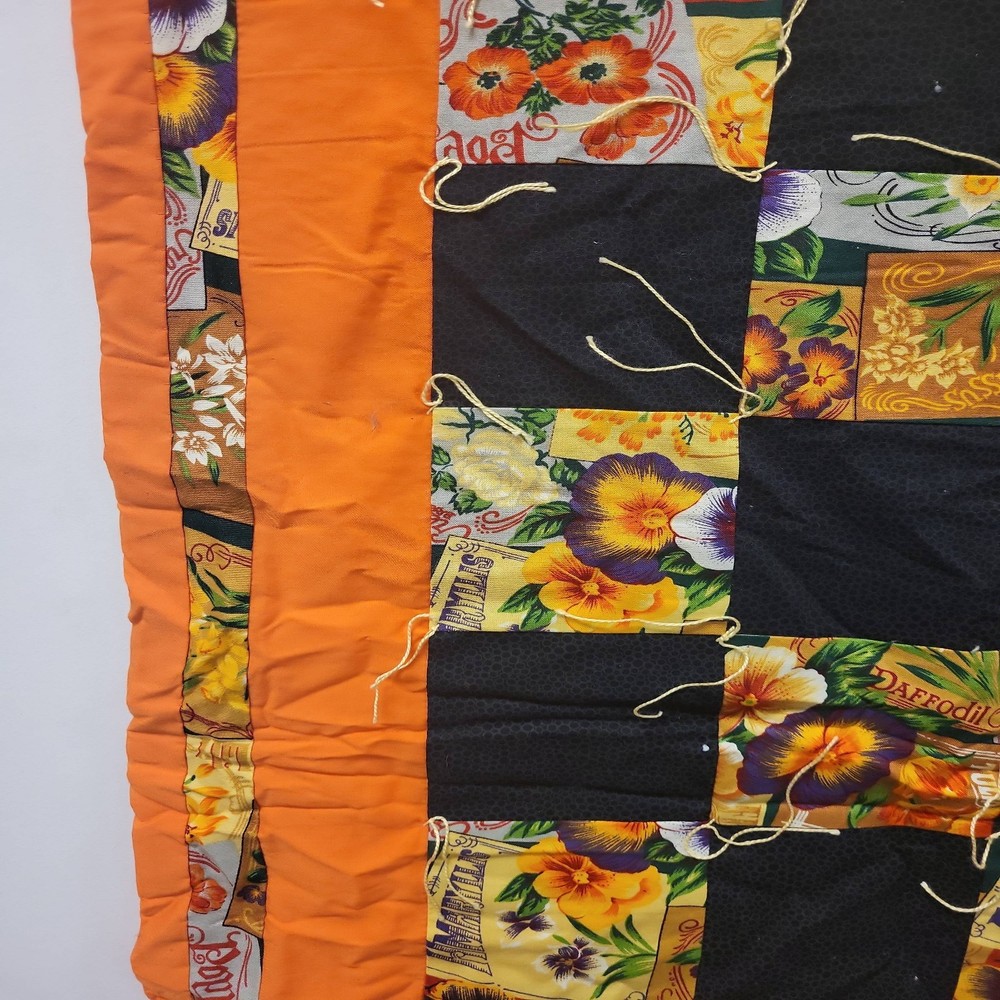 Handmade Quilt Floral Black Checkerboard Orange Border 43x37 Patchwork Design
