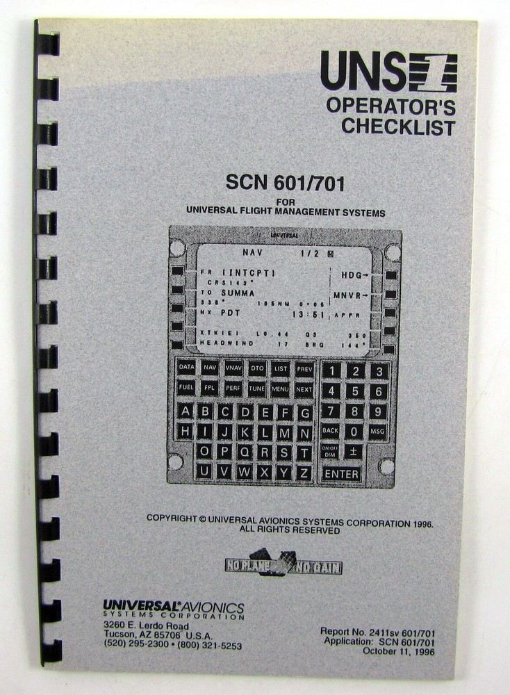 Universal Avionics 1996 UNS1 SCN 601/701 Operators Checklist