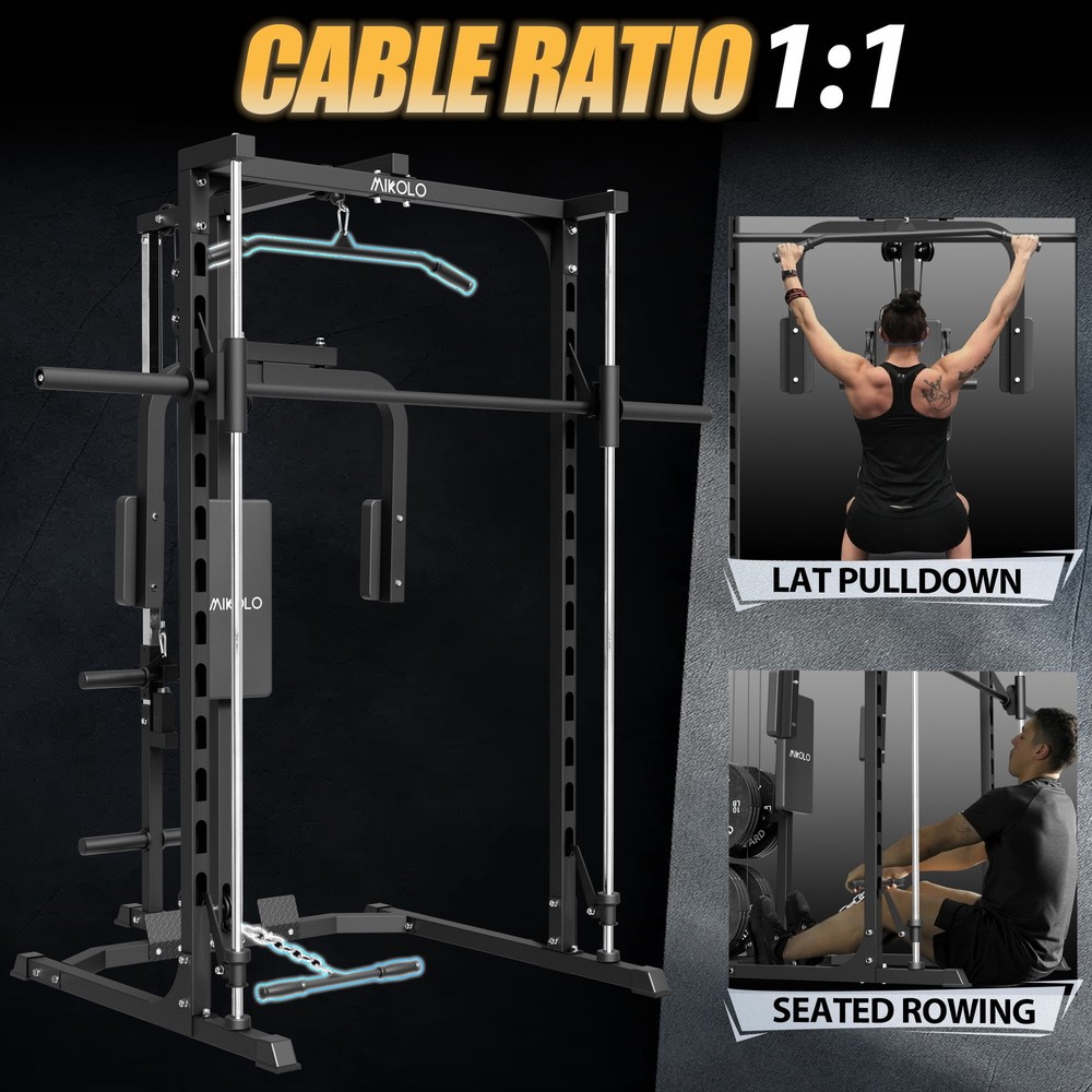 Smith Machine Home Gym Power Rack Pec Deck Lat Pull down w/Bar, Low Row Cable