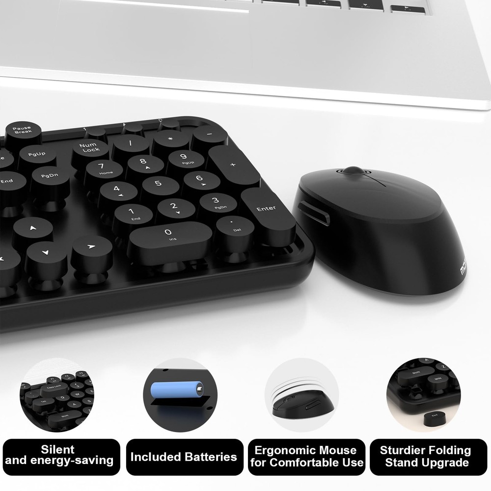 Black 104-Key Full-Size Retro Round Typewriter Wireless Keyboard and Mouse Combo