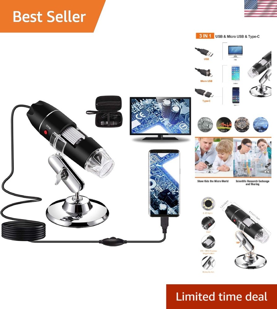 Portable 1000X USB Digital Microscope with Adjustable Lighting & Metal Stand