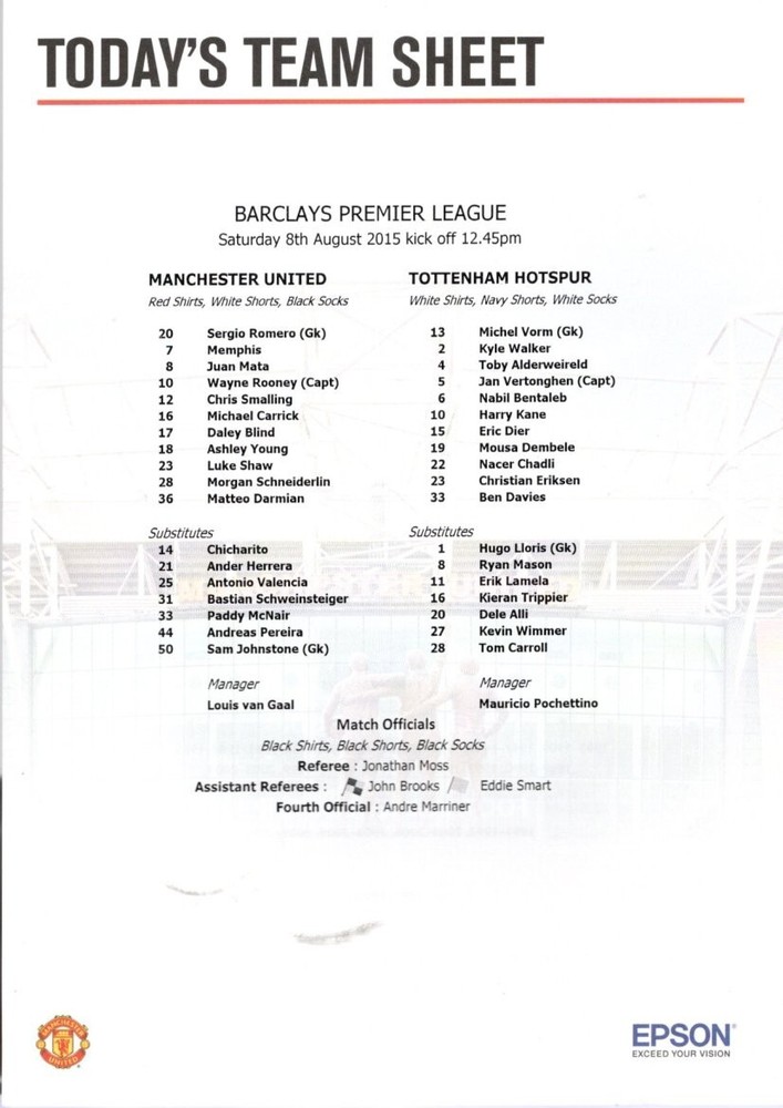 Team Sheet - Manchester United v Tottenham 8.8.2015