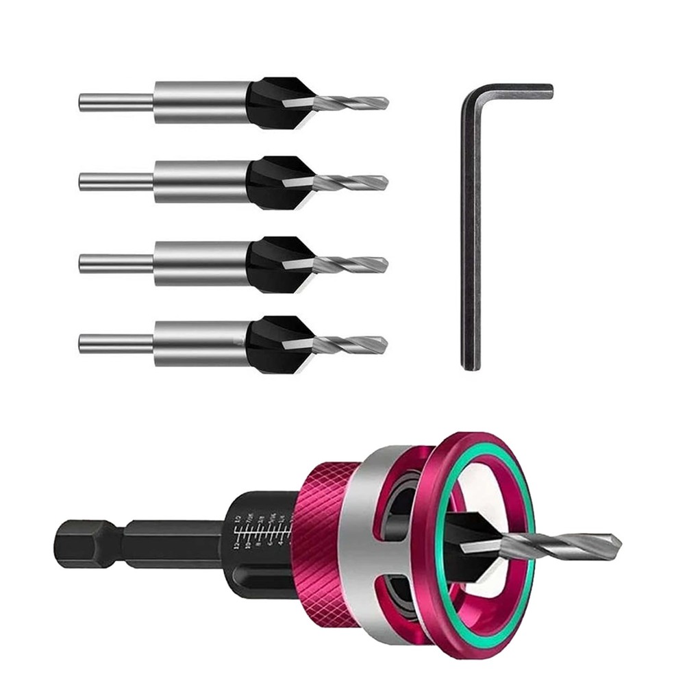 6PCS Adjustable Depth Stop Drill Bit Set for Countersinking Wood Screws Holes