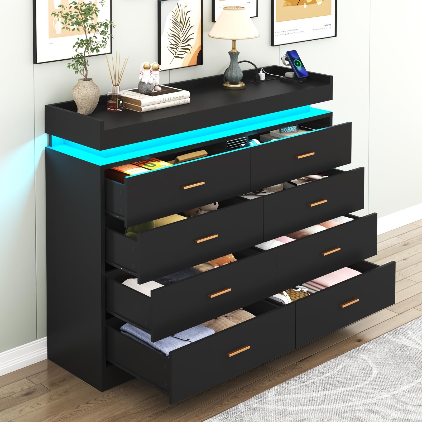 8 Drawer Dresser with LED Light and Charging Station, Modern Chest of Drawers