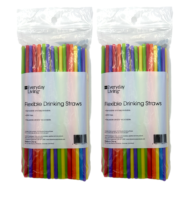 Flexible Plastic Drinking Straws (200 ct, Assorted Neon) Bendable Disposable