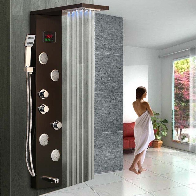 LED Black Shower Panel Display screen Body Massage System Jets Wall Mounted Tap