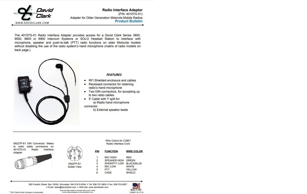 David Clark Radio Interface Adapter P/N : 40107G-01