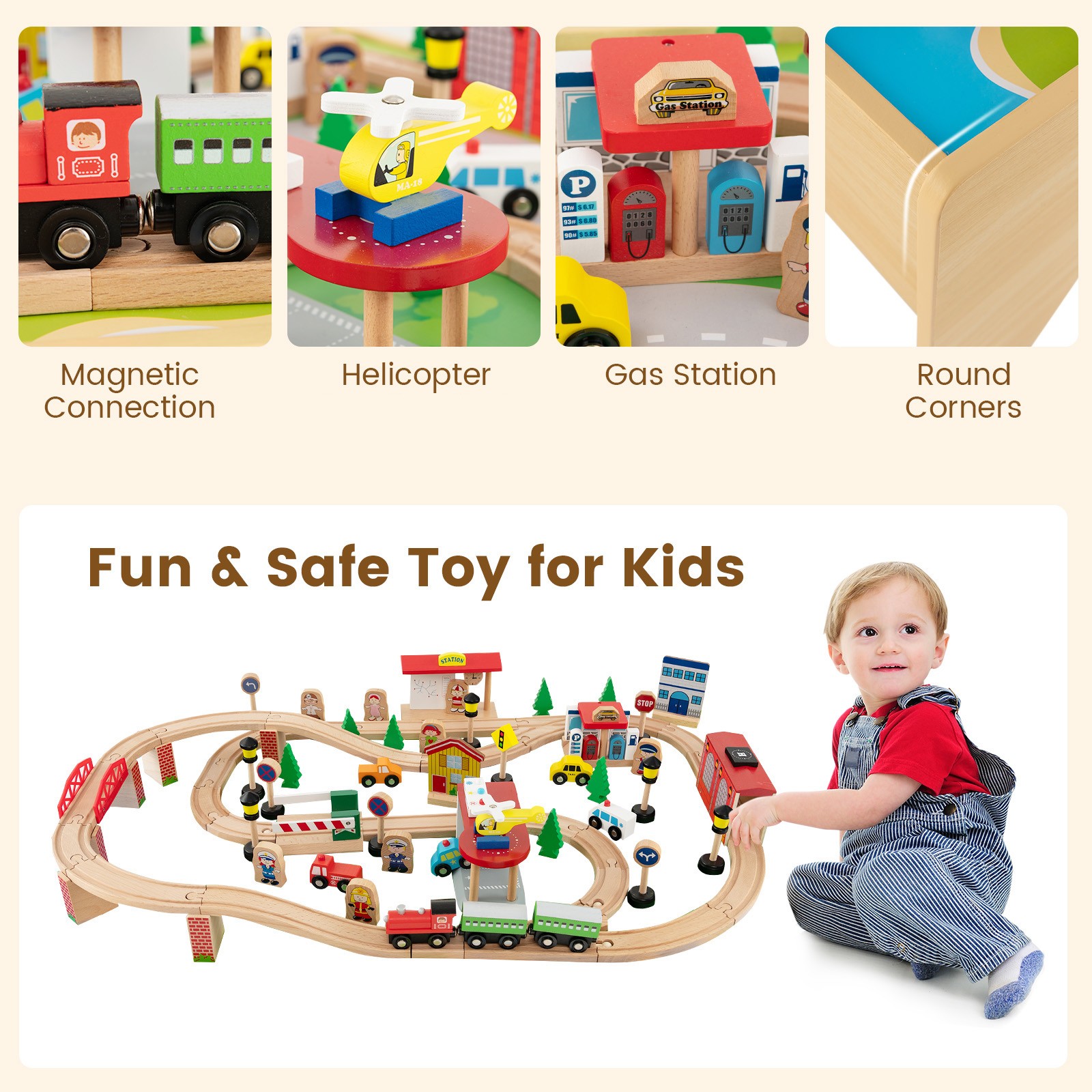 Kids Wooden Train Table Set 84 PCS Playset w/ Reversible Tabletop Storage Drawer