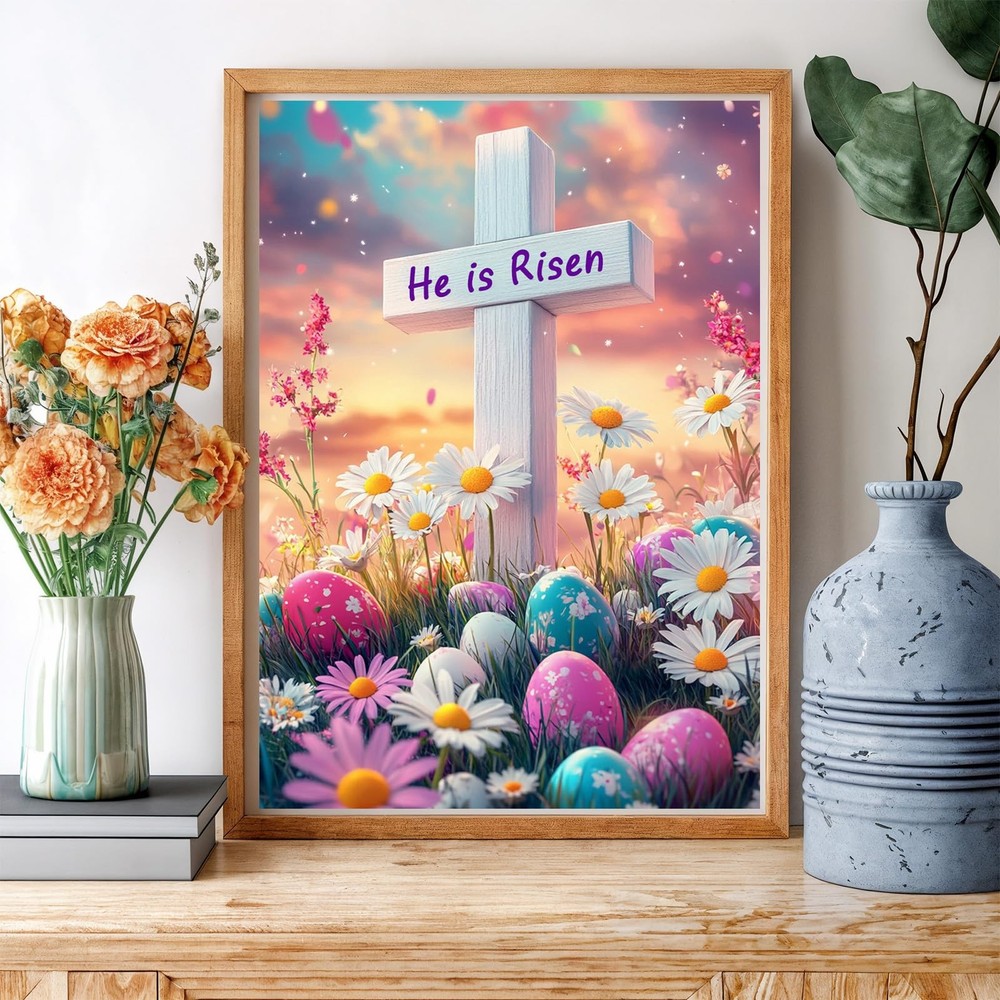 Easter Diamond Art Kits for Adults Beginner, 5D He is Risen Cross Diamond Paint