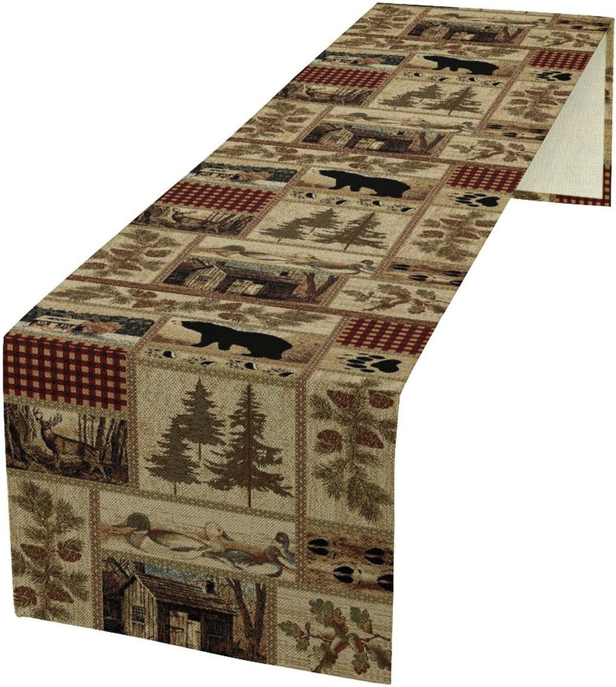 Rustic Country Bear Table Runner,Patchwork Cabin Wild Animals Hunting Table Clot