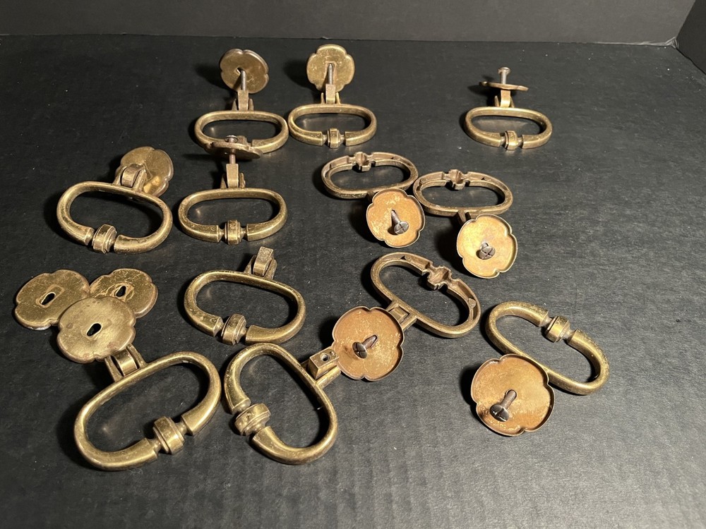 12 Sets ~ Old Antique Style Brass Drop Ring Drawer Pull Handles w Back Plates