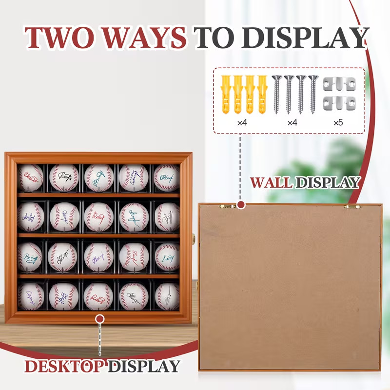 Baseball Wall Display Wood Cabinet 20 Ball Display Lockable