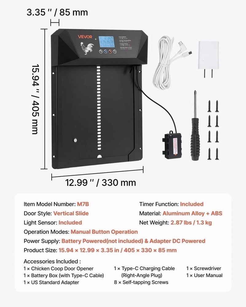 VEVOR DC & Battery Powered Automatic Chicken Coop Door Opener Light Sensor Timer