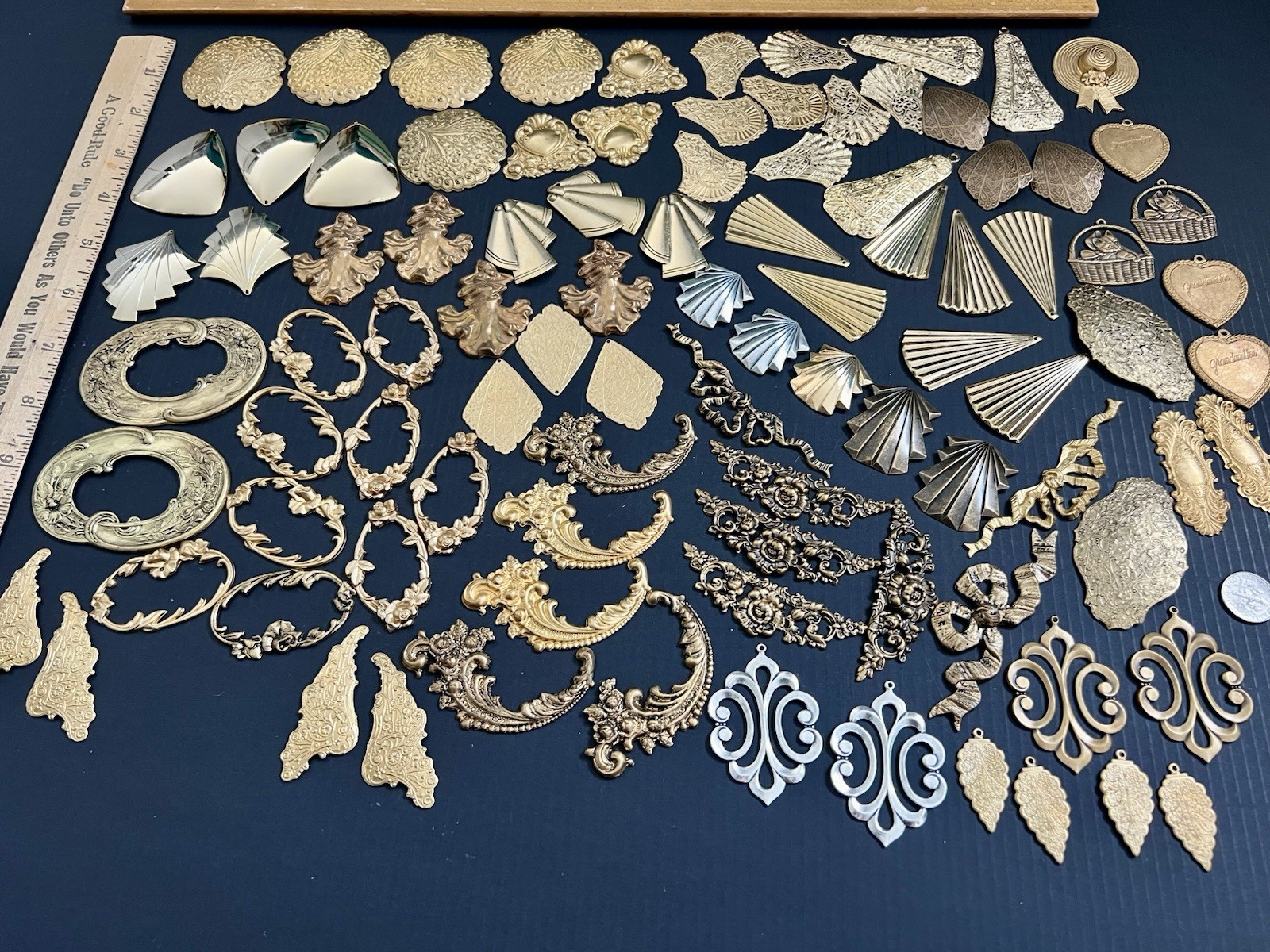 1 Lb + Vtg & New Metal Stampings Brass Gold Frames Settings Pendant Findings Lot