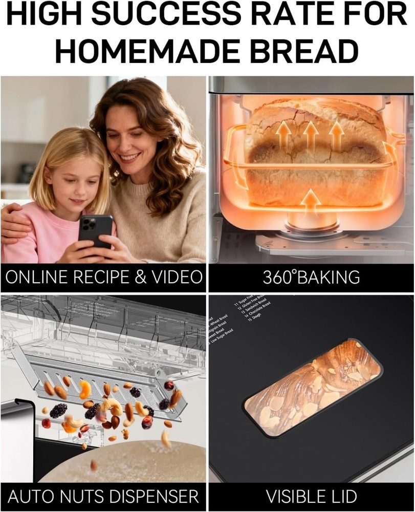 Automatic Bread Maker 2lb, 25-IN-1,Touch Screen, Visible Lid, Auto Nut Dispenser