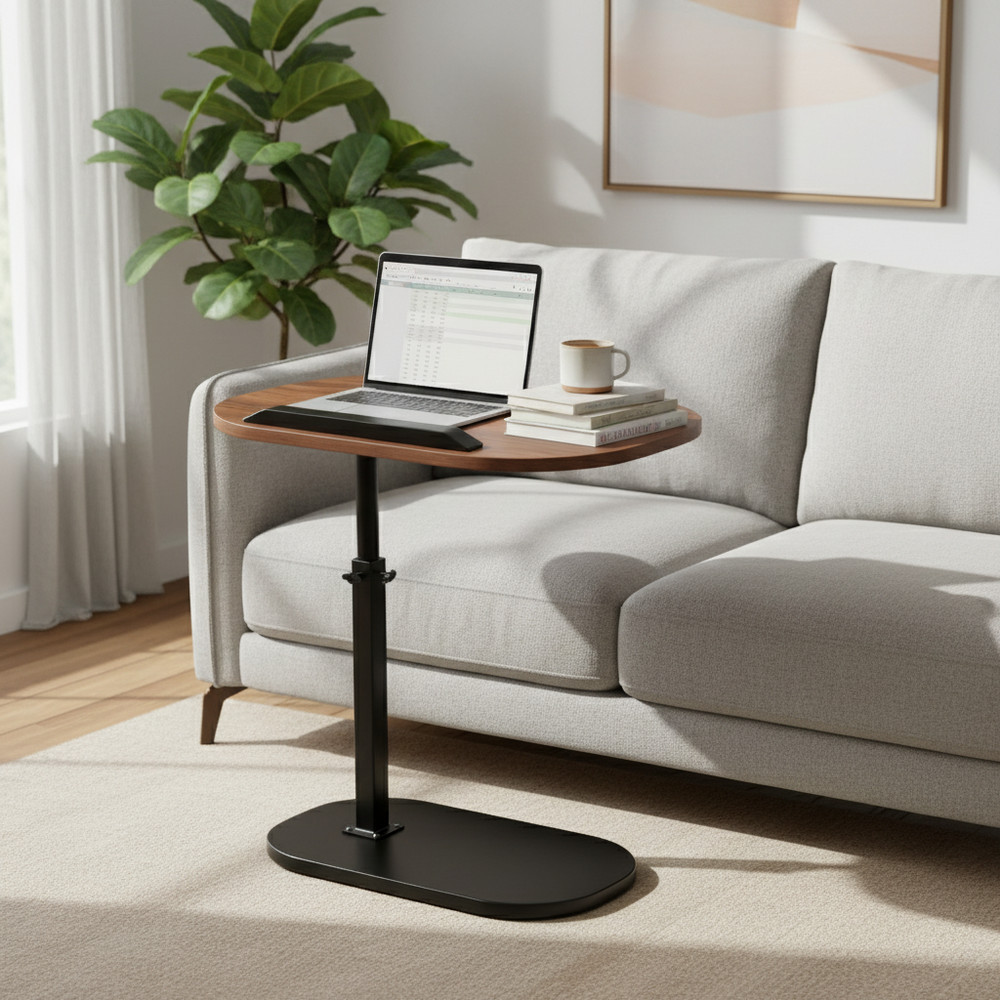 Walnut Height Adjustable Swivel Side Table, C-Shaped Sofa End Table