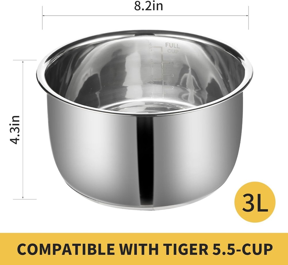 Replacement Rice Cooker 5.5 Cup Inner Pot Compatible with Tiger Silver