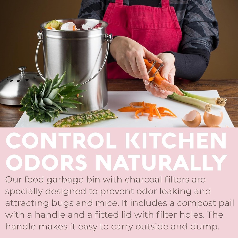 Sleek Stainless Steel Kitchen Compost Bin - Effective Odor Control & Easy Clean