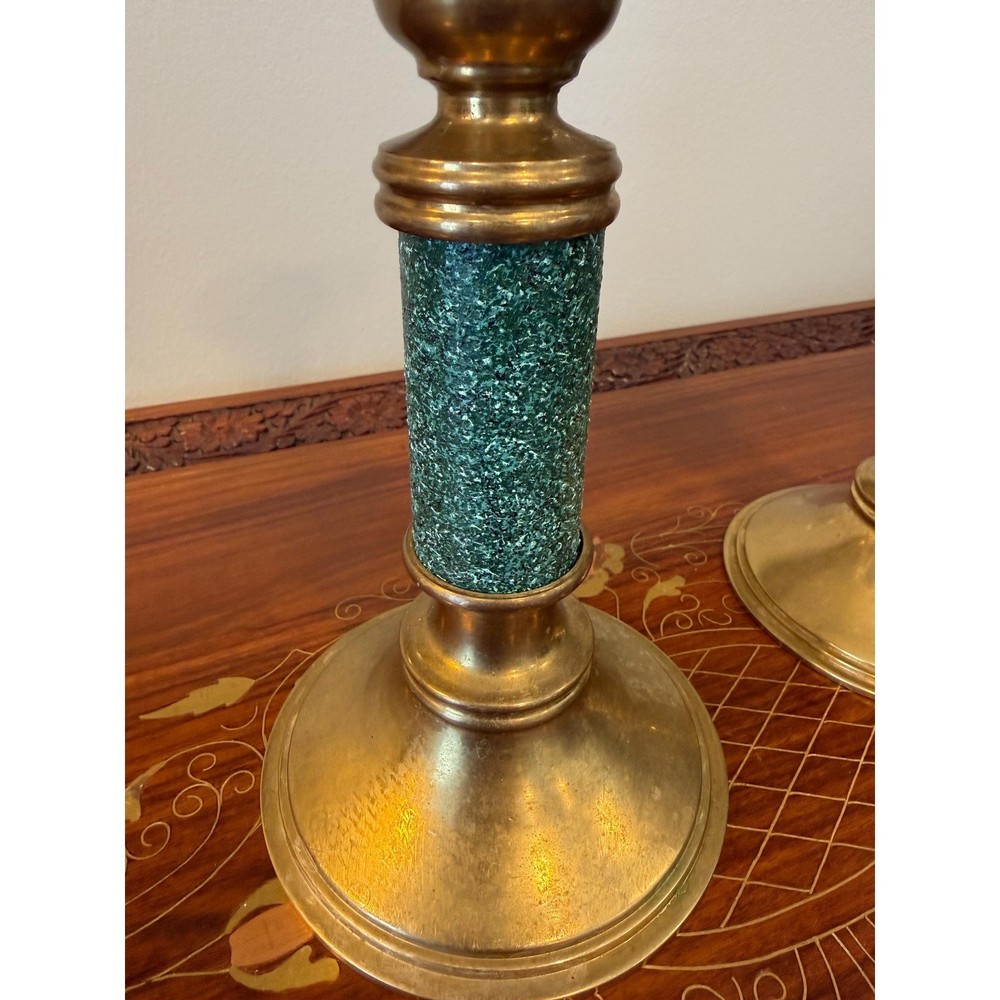 Vintage Brass & Green Candleholders – 7.5" Pair