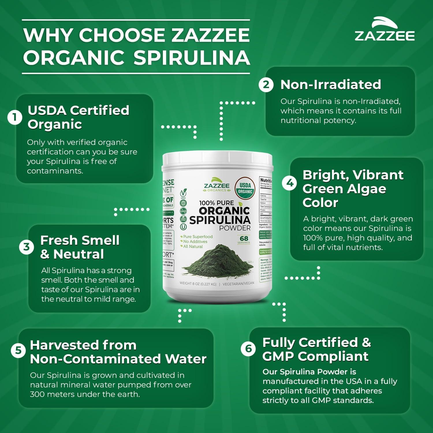 Zazzeze USDA Organic Spirulina Powder, 8 Ounces, 68 Servings, 100% Pure, Kosher