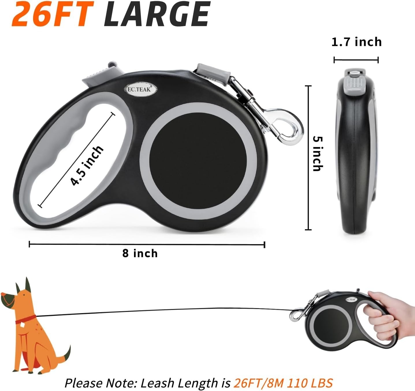 26 FT RETRACTABLE DOG LEASH Extra Large Tangle Free Heavy Duty Pet Dogs Walking