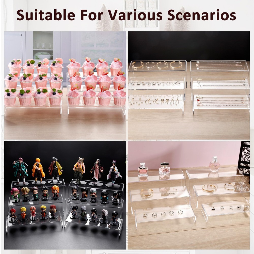 2 Set Large Acrylic Clear Display Risers, 3 Sizes 12" Rectangular Showcase Co...