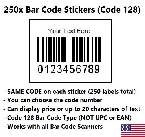 250x Bar Code Labels Stickers - SAME CODE on Each Sticker (Code 128)