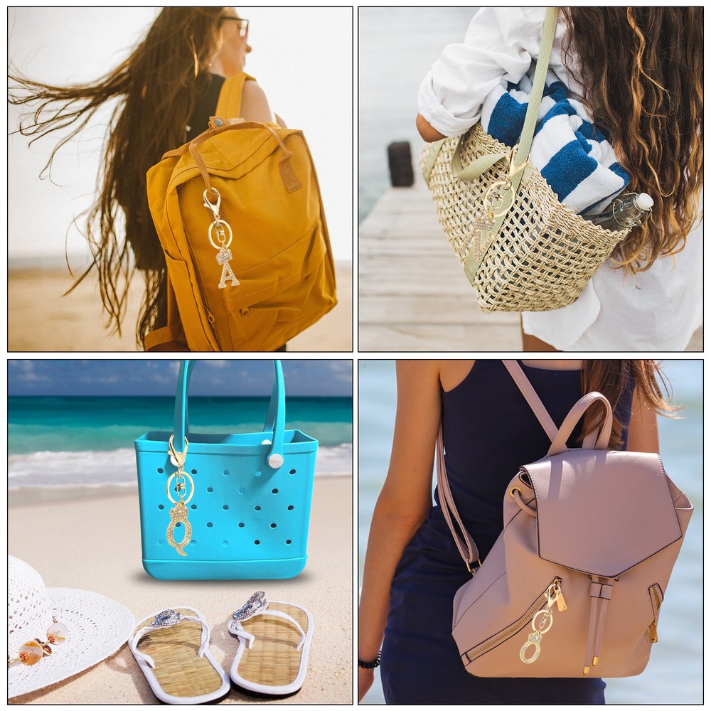 Initial Letter Keychain, 2 Pcs Letter E Crown Design Charm, Gold Tone