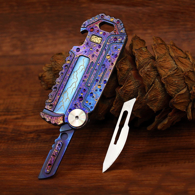 EDC Titanium Key Chain Multi Tools Card Bottle Opener Folding Knife Simple Ruler